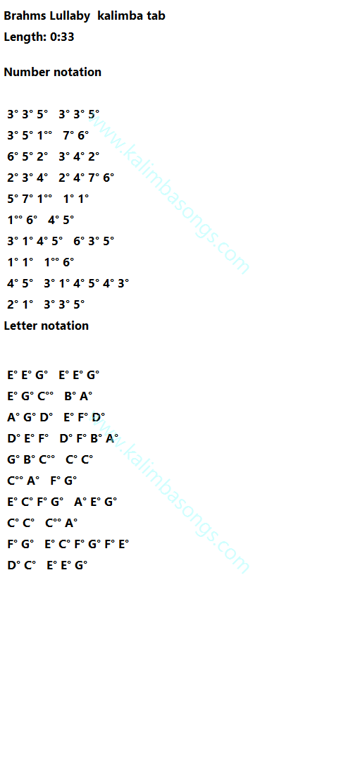 Kalimba tab Brahms Lullaby 5